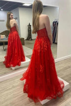 Vestidos de noche largos de tul sin tirantes para fiesta de graduación, con apliques de encaje
