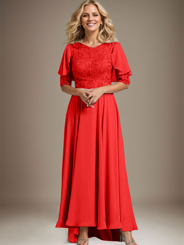 Vestido de madre de la novia de gasa asimétrica con encaje, ilusión, corte A y escote redondo con cuentas 