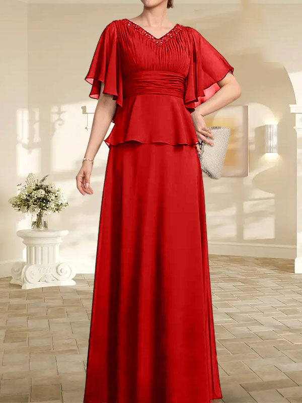 Vestido de gasa para madre de la novia, corte A, escote en V, largo hasta el suelo, con cuentas plisadas