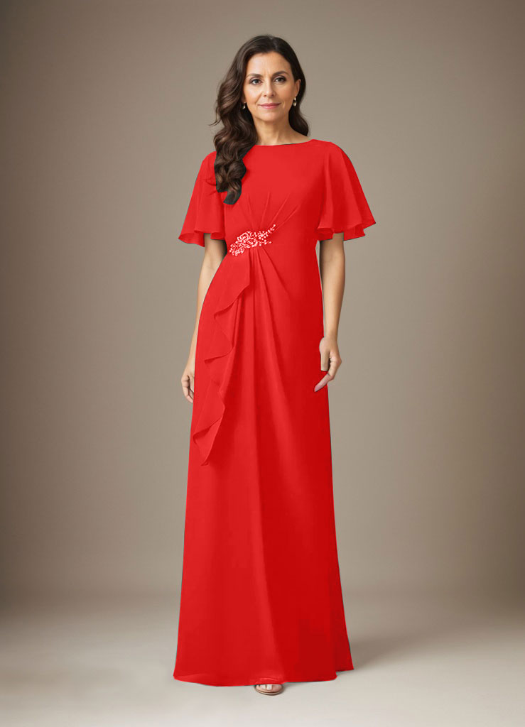 Dunkelblaues Etuikleid aus Chiffon mit Perlenbesatz