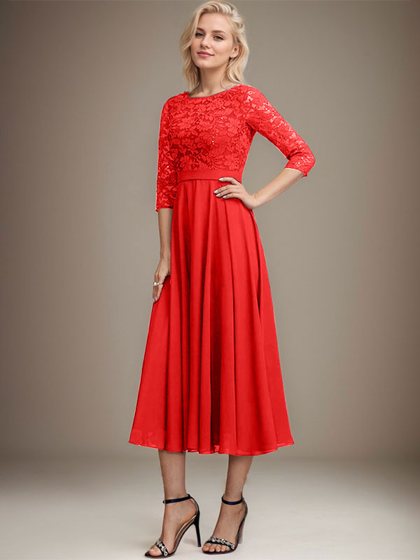 A-Linien-Kleid mit Rundhalsausschnitt, Teelänge, Spitze, Chiffon, Pailletten, für die Mutter der Braut