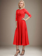 A-Linien-Kleid mit Rundhalsausschnitt, Teelänge, Spitze, Chiffon, Pailletten, für die Mutter der Braut