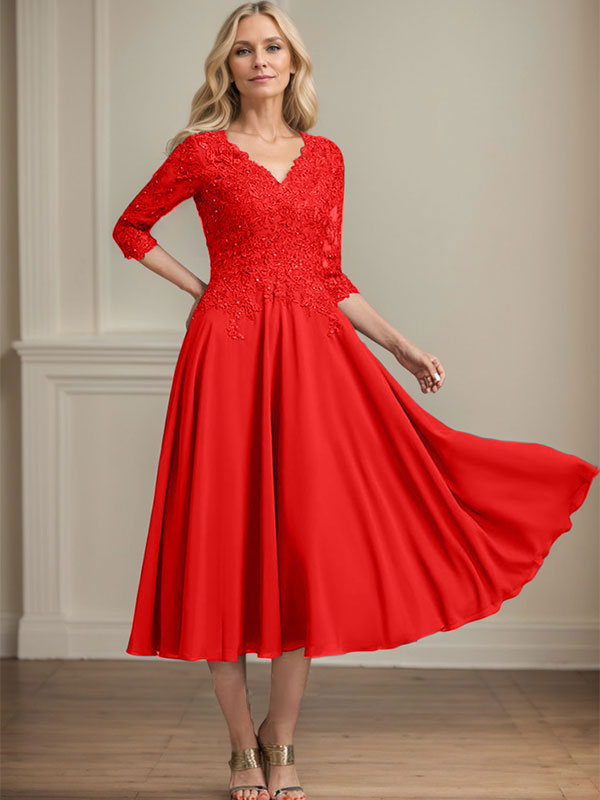A-Linien-Kleid aus Chiffonspitze mit V-Ausschnitt, Teelänge, Perlen- und Paillettenstickerei für die Mutter der Braut 