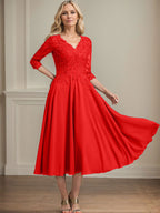 A-Linien-Kleid aus Chiffonspitze mit V-Ausschnitt, Teelänge, Perlen- und Paillettenstickerei für die Mutter der Braut 