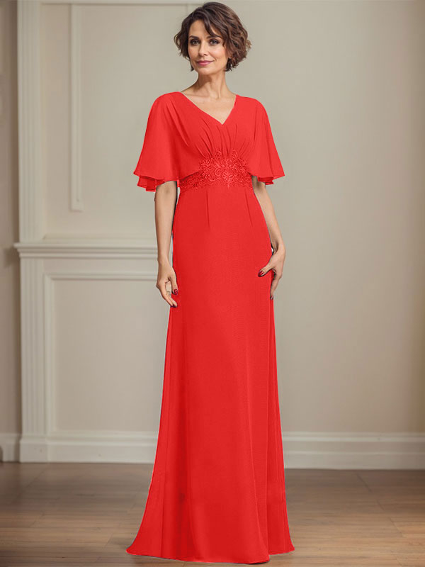 A-Linien-Kleid aus Chiffon mit V-Ausschnitt, bodenlang, für die Mutter der Braut, mit plissierten Paillettenapplikationen und Spitze