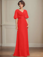 A-Linien-Kleid aus Chiffon mit V-Ausschnitt, bodenlang, für die Mutter der Braut, mit plissierten Paillettenapplikationen und Spitze