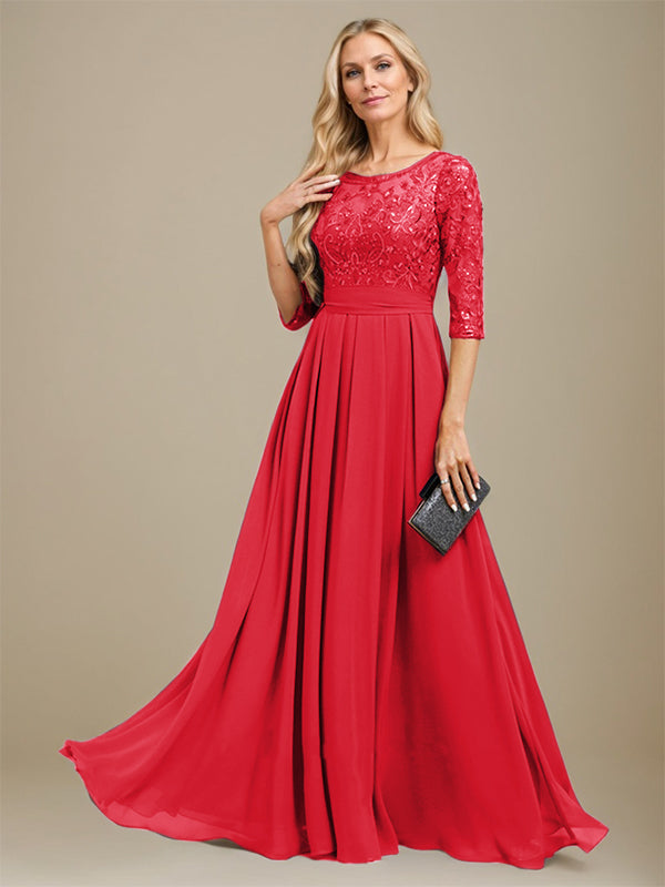Vestido de gasa con encaje y apliques de lentejuelas para madre de la novia, corte A, largo hasta el suelo 