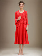 Vestido de gasa con encaje y lentejuelas para madre de la novia, corte A, escote redondo y largo hasta la rodilla 