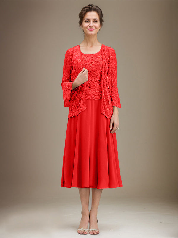 Vestido de gasa con encaje y lentejuelas para madre de la novia, corte A, escote redondo y largo hasta la rodilla 