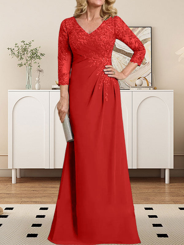 Etuikleid/Säulenkleid mit V-Ausschnitt, Illusion-Detail, bodenlang, aus Chiffonspitze und plissierten Pailletten für die Mutter der Braut 