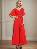 A-Linien-Chiffonkleid mit V-Ausschnitt, Knöchellänge, plissierten Pailletten und Perlenstickerei für die Mutter der Braut