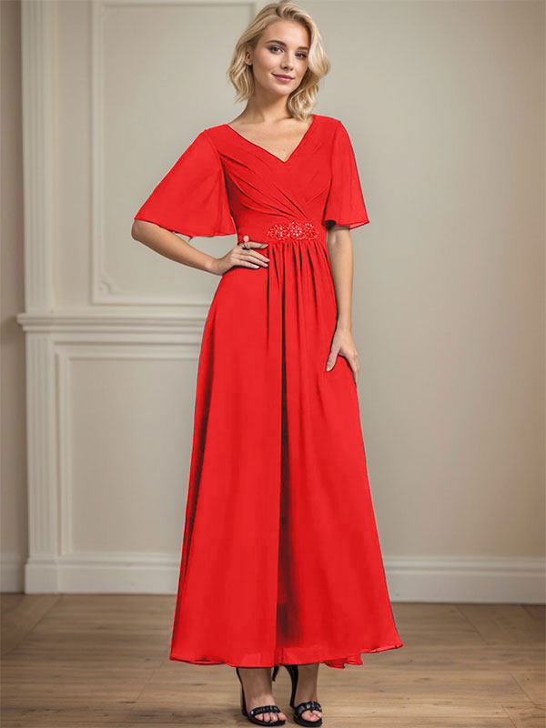 Vestido de gasa para madre de la novia, corte A, escote en V, largo hasta los tobillos, con lentejuelas y cuentas plisadas