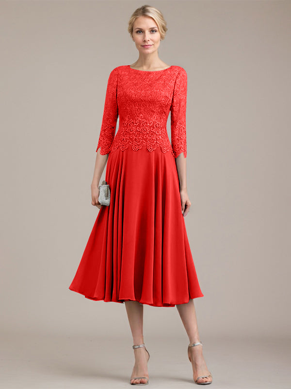 A-Linien-Kleid aus Chiffon mit Rundhalsausschnitt und Teelänge für die Mutter der Braut 