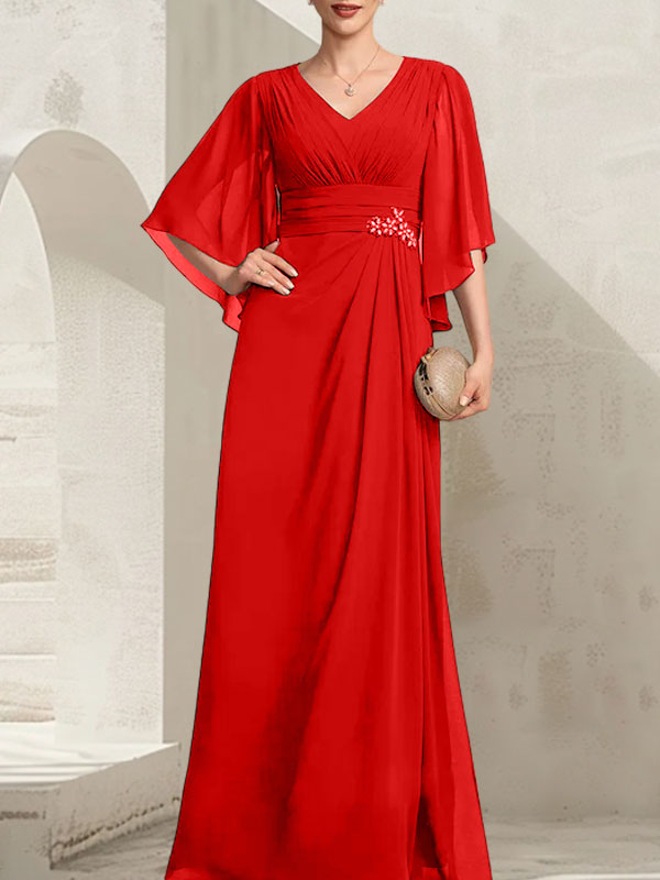 Vestido de gasa para madre de la novia, con escote en V, largo hasta el suelo, con lentejuelas plisadas y abalorios.