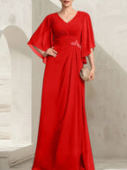 Vestido de gasa para madre de la novia, con escote en V, largo hasta el suelo, con lentejuelas plisadas y abalorios.