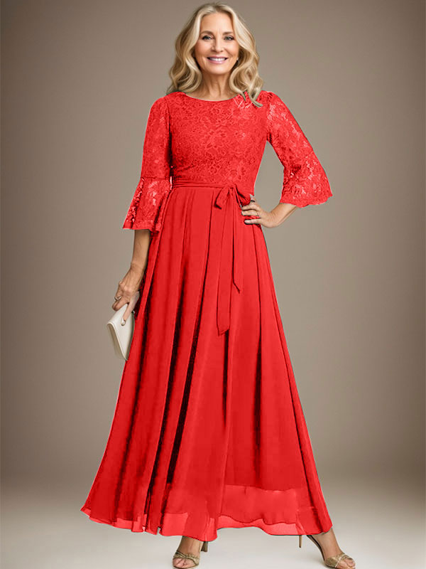 Vestido de gasa con encaje y lazo para madre de la novia, corte A, escote redondo hasta los tobillos