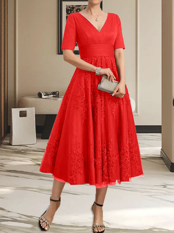 A-Linien-Kleid mit V-Ausschnitt, Teelänge, Tüllspitze und Falten für die Mutter der Braut