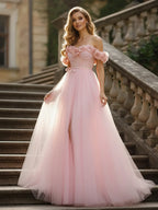 Vestido de gala romántico de tul con hombros descubiertos y mangas florales 3D: Vestido de graduación