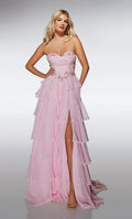 Romantisches Rouge Trägerloses A-Linien-Kleid mit Blumenverzierungen und gestuftem Chiffonrock: Ballkleid