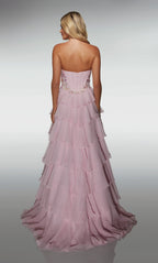 Romantisches Rouge Trägerloses A-Linien-Kleid mit Blumenverzierungen und gestuftem Chiffonrock: Ballkleid