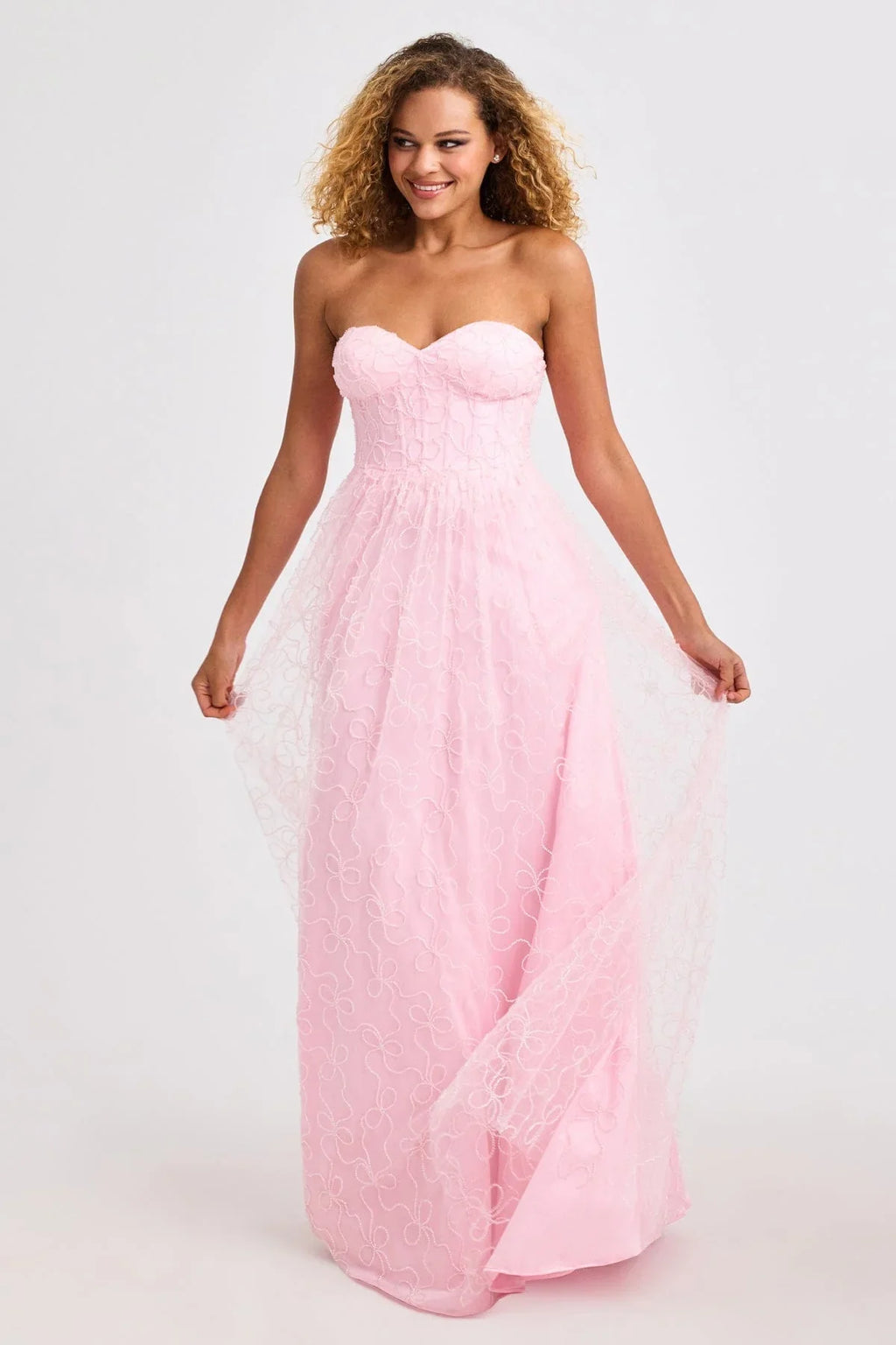 Romantic Strapless A-Line Gown with Swirl Lace Overlay: Prom Dress