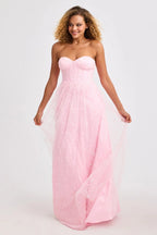 Romantic Strapless A-Line Gown with Swirl Lace Overlay: Prom Dress