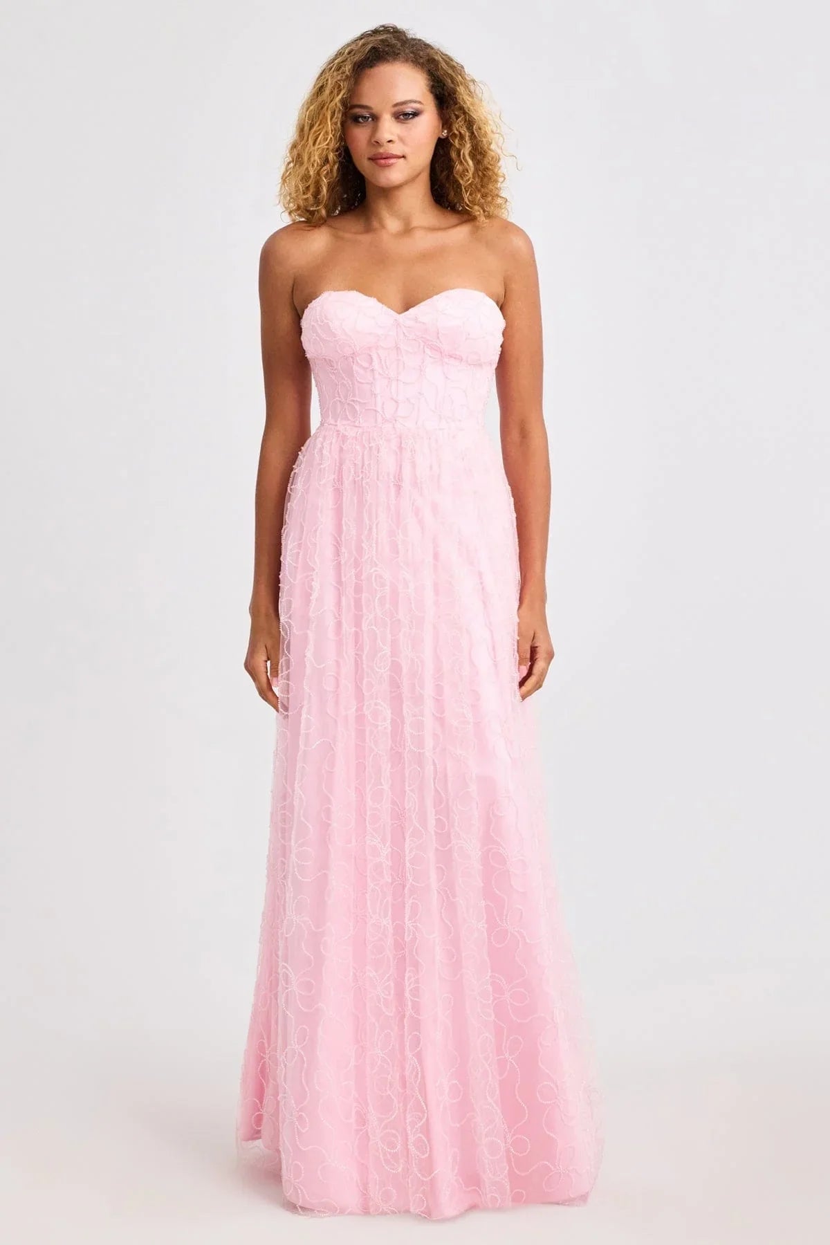 Romantic Strapless A-Line Gown with Swirl Lace Overlay: Prom Dress