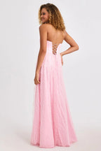 Romantic Strapless A-Line Gown with Swirl Lace Overlay: Prom Dress