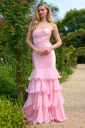 Vestido de Noche Sirena Romántico sin Tirantes con Falda de Volantes Escalonados: Vestido de Fiesta de Graduación