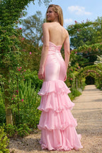 Vestido de Noche Sirena Romántico sin Tirantes con Falda de Volantes Escalonados: Vestido de Fiesta de Graduación