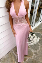 Vestido largo de fiesta romántico con escote en V, sin mangas, cintura con encaje y espalda abierta