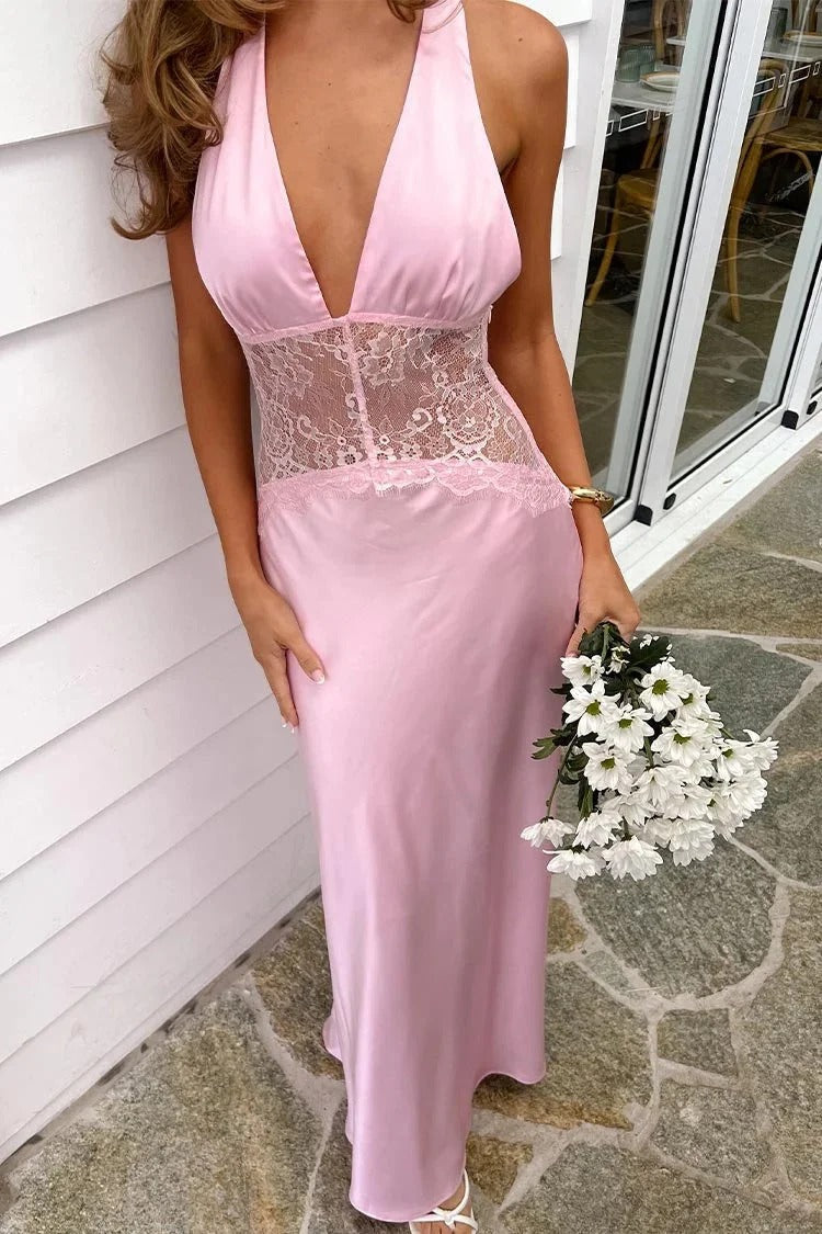 Vestido largo de fiesta romántico con escote en V, sin mangas, cintura con encaje y espalda abierta