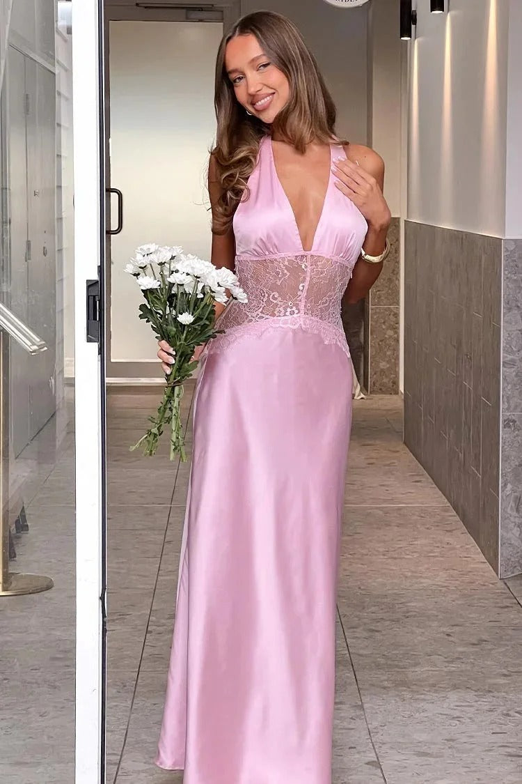 Vestido largo de fiesta romántico con escote en V, sin mangas, cintura con encaje y espalda abierta