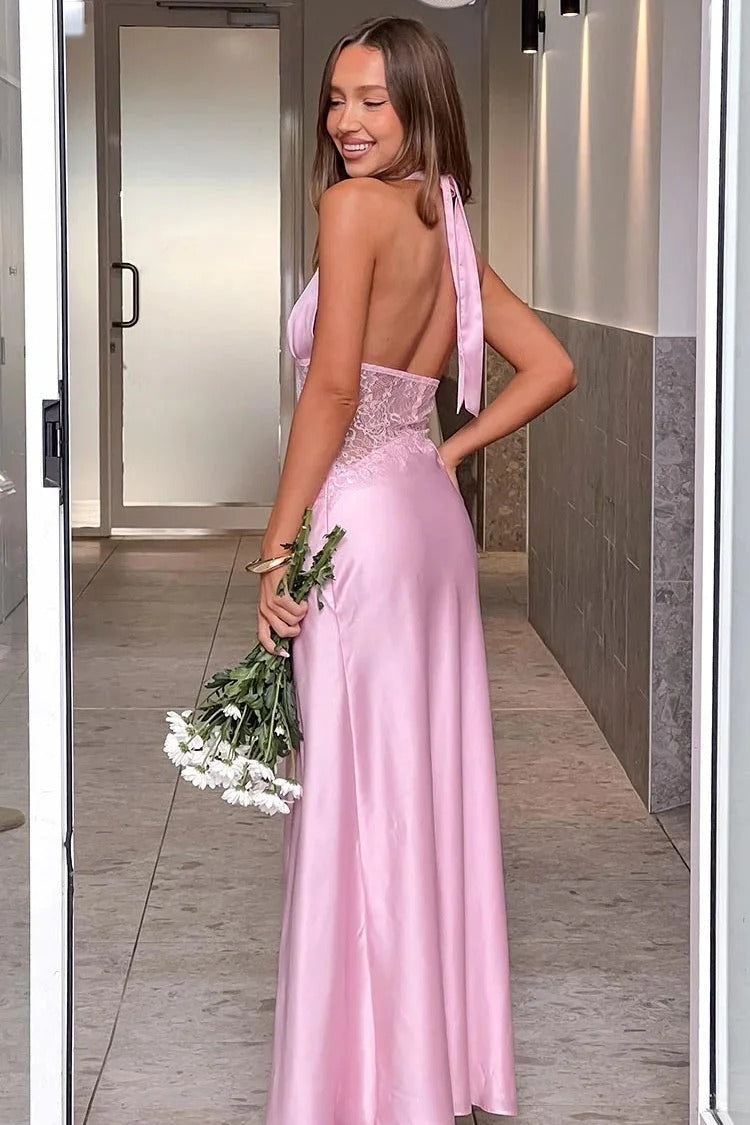 Vestido largo de fiesta romántico con escote en V, sin mangas, cintura con encaje y espalda abierta