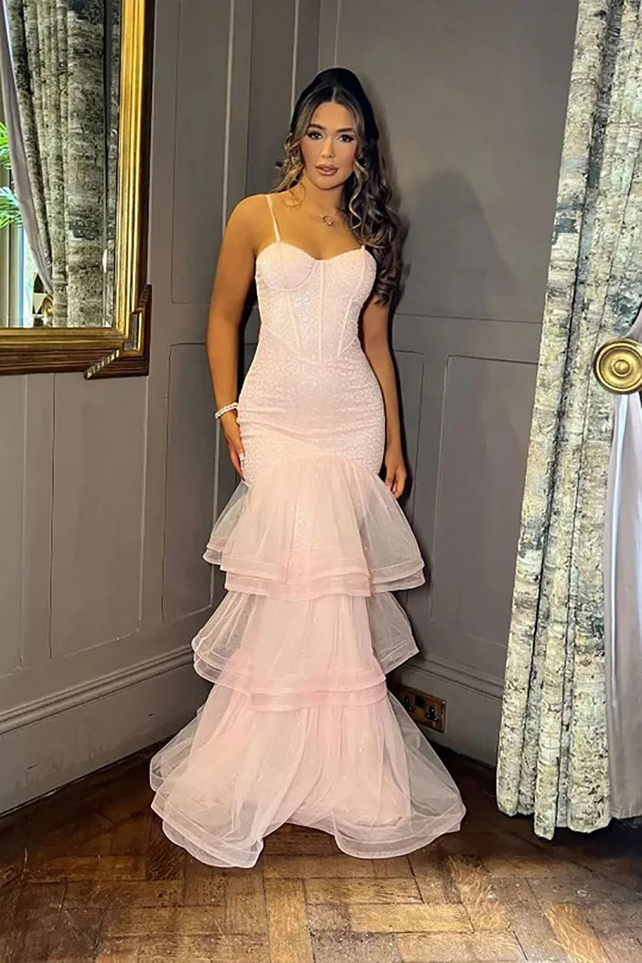 Romantic Mermaid Sweetheart Sleeveless Cutout-Back Tiered-Ruffle Prom Dress