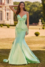 Vestido de fiesta romántico de sirena con escote en V, sin mangas y detalle de lazo