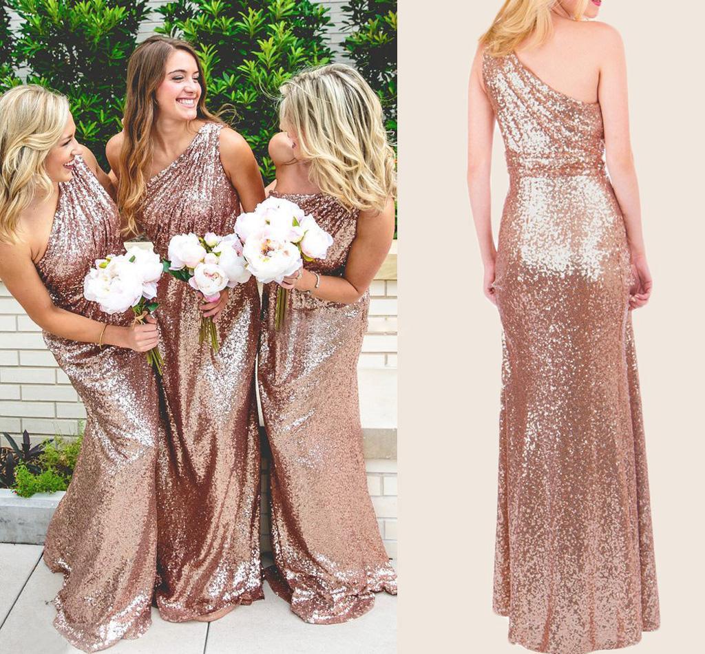 Vestidos de dama de honor brillantes en oro rosa con lentejuelas y encaje de un solo hombro