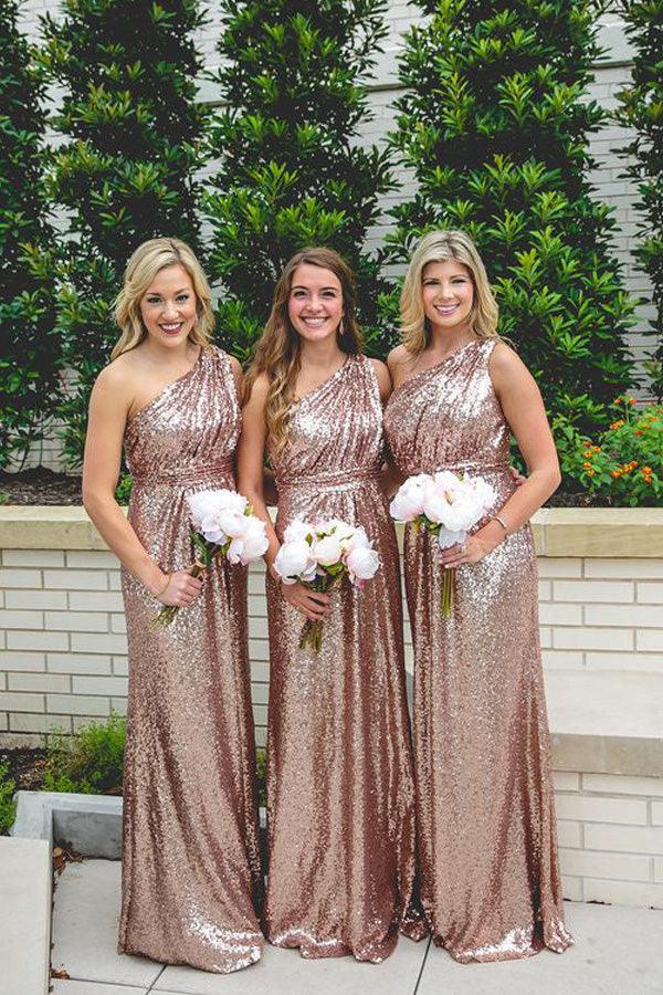 Vestidos de dama de honor brillantes en oro rosa con lentejuelas y encaje de un solo hombro