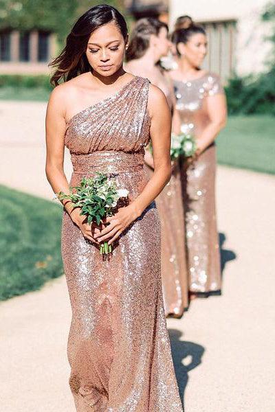 Vestidos de dama de honor brillantes en oro rosa con lentejuelas y encaje de un solo hombro