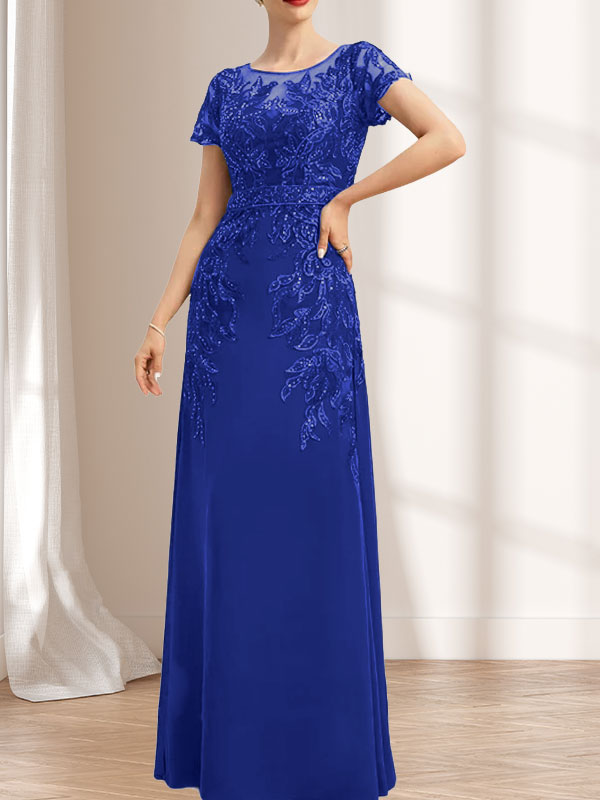 Etuikleid/Säulenkleid mit Illusion-Ausschnitt, bodenlang, aus Chiffon und Spitze mit Pailletten für die Mutter der Braut