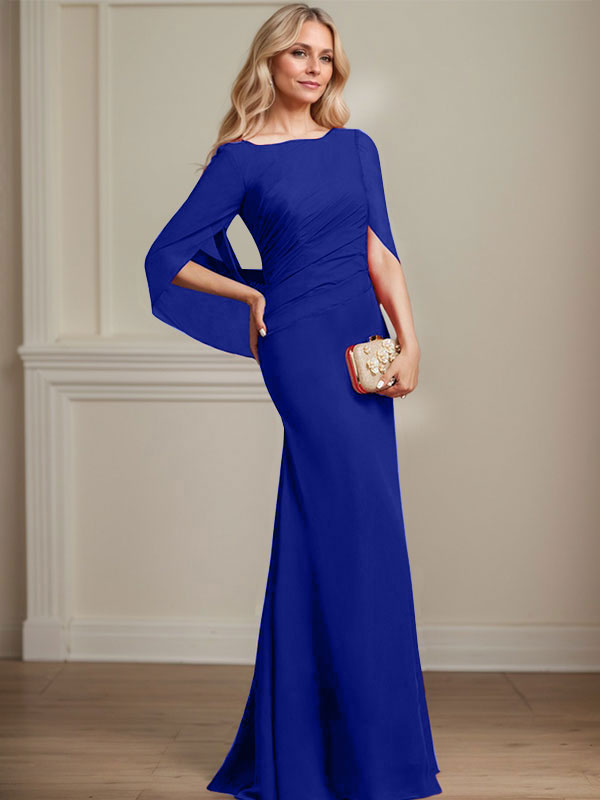Vestido de gasa para madre de la novia con escote barco, corte trompeta/sirena, largo hasta el suelo, con pliegues 