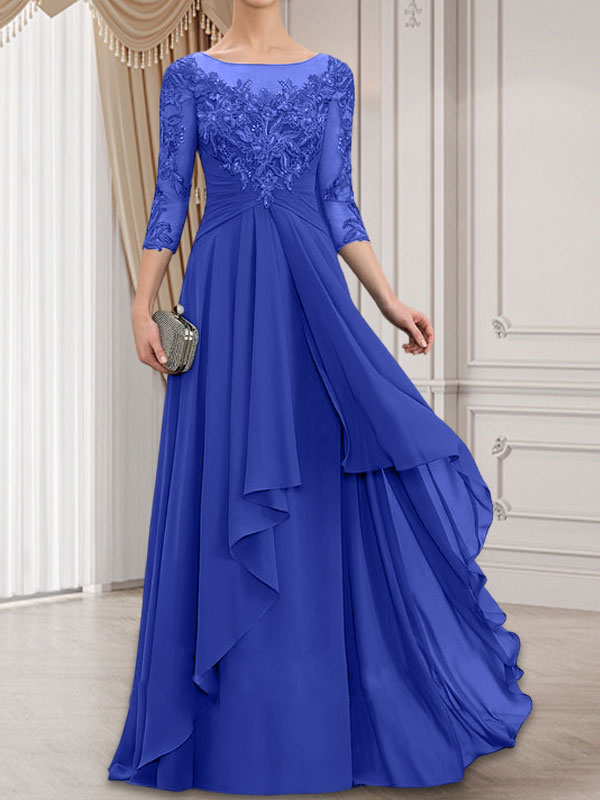 A-Linien-Kleid mit U-Boot-Ausschnitt, Illusion-Effekt, bodenlang, aus Chiffon und Spitze, mit Kaskadenrüschen – perfekt für die Mutter der Braut
