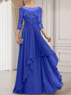 A-Linien-Kleid mit U-Boot-Ausschnitt, Illusion-Effekt, bodenlang, aus Chiffon und Spitze, mit Kaskadenrüschen – perfekt für die Mutter der Braut