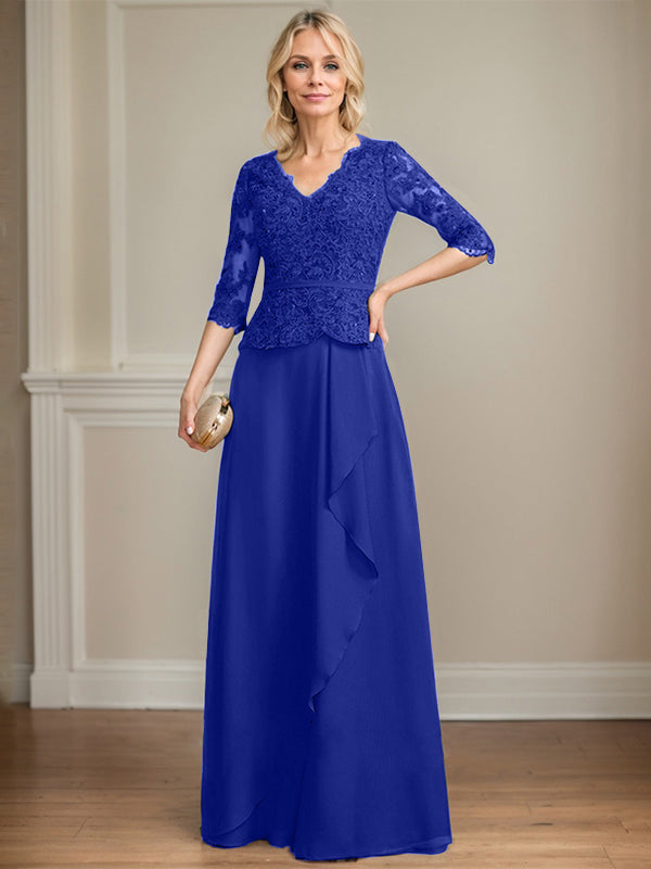 Vestido de gasa con encaje y escote en V hasta el suelo para madre de la novia con volantes en cascada y lentejuelas 