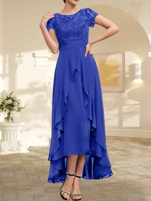 Vestido de madre de la novia de gasa asimétrica con escote en A, ilusión, encaje, lazo, volantes y lentejuelas 