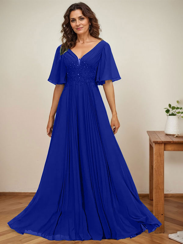 A-Linien-Kleid aus Chiffon mit V-Ausschnitt, bodenlang, mit Paillettenapplikationen, Spitze und Falten für die Mutter der Braut 