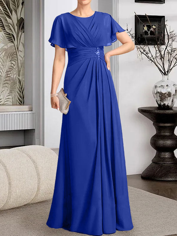 A-Linien-Kleid aus Chiffon mit Rundhalsausschnitt und bodenlanger Verarbeitung, verziert mit plissierten Perlen.
