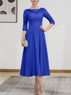 A-Linien-Kleid mit U-Boot-Ausschnitt, Illusion-Detail, Teelänge, Chiffonspitze, Perlenstickerei und Pailletten für die Mutter der Braut