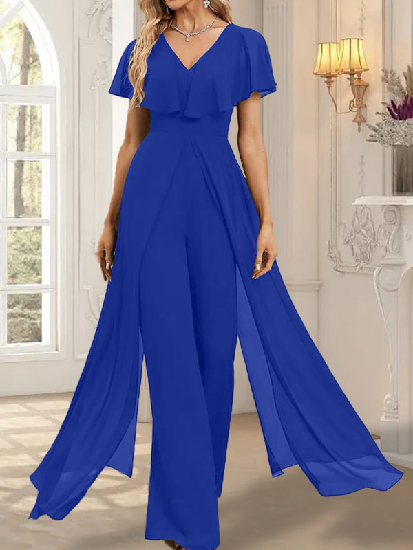 Jumpsuit/Hosenanzug, bodenlanges Chiffon-Abendkleid mit V-Ausschnitt