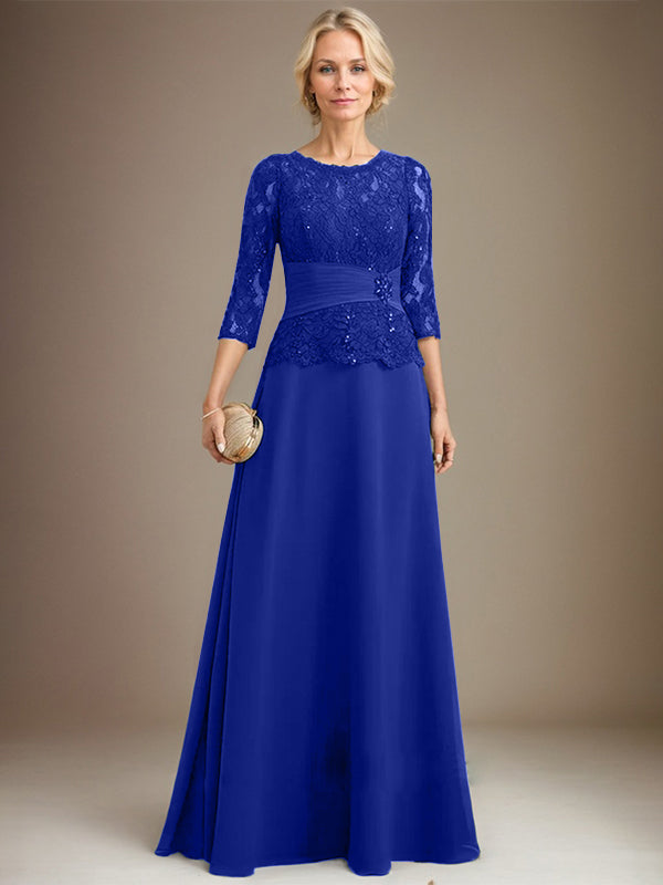 A-Linien-Kleid mit U-Boot-Ausschnitt, Illusion-Detail, bodenlang, aus Chiffonspitze, mit plissierten Pailletten und Perlenstickerei für die Mutter der Braut. 